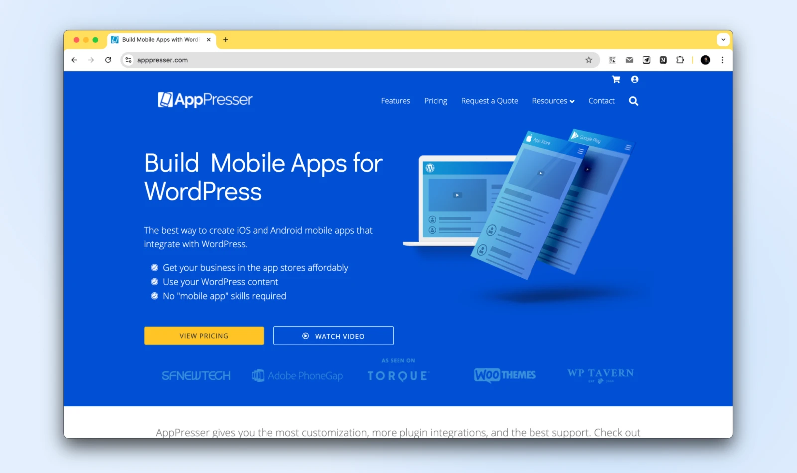 AppPresser homepage with header text on left "Build Mobile Apps for WordPress" and a desktop/mobile design on the right. 