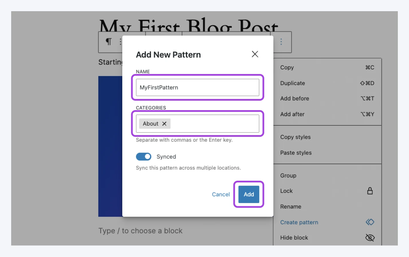 screenshot of the add new pattern box showing where to enter the name and categories with add button in the button right of the box