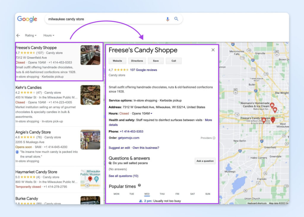 La búsqueda en Google de "tienda de dulces en Milwaukee" muestra resultados; al hacer clic en Freese's Candy Shoppe, se abre información adicional en su perfil de Google My Business (GBP).