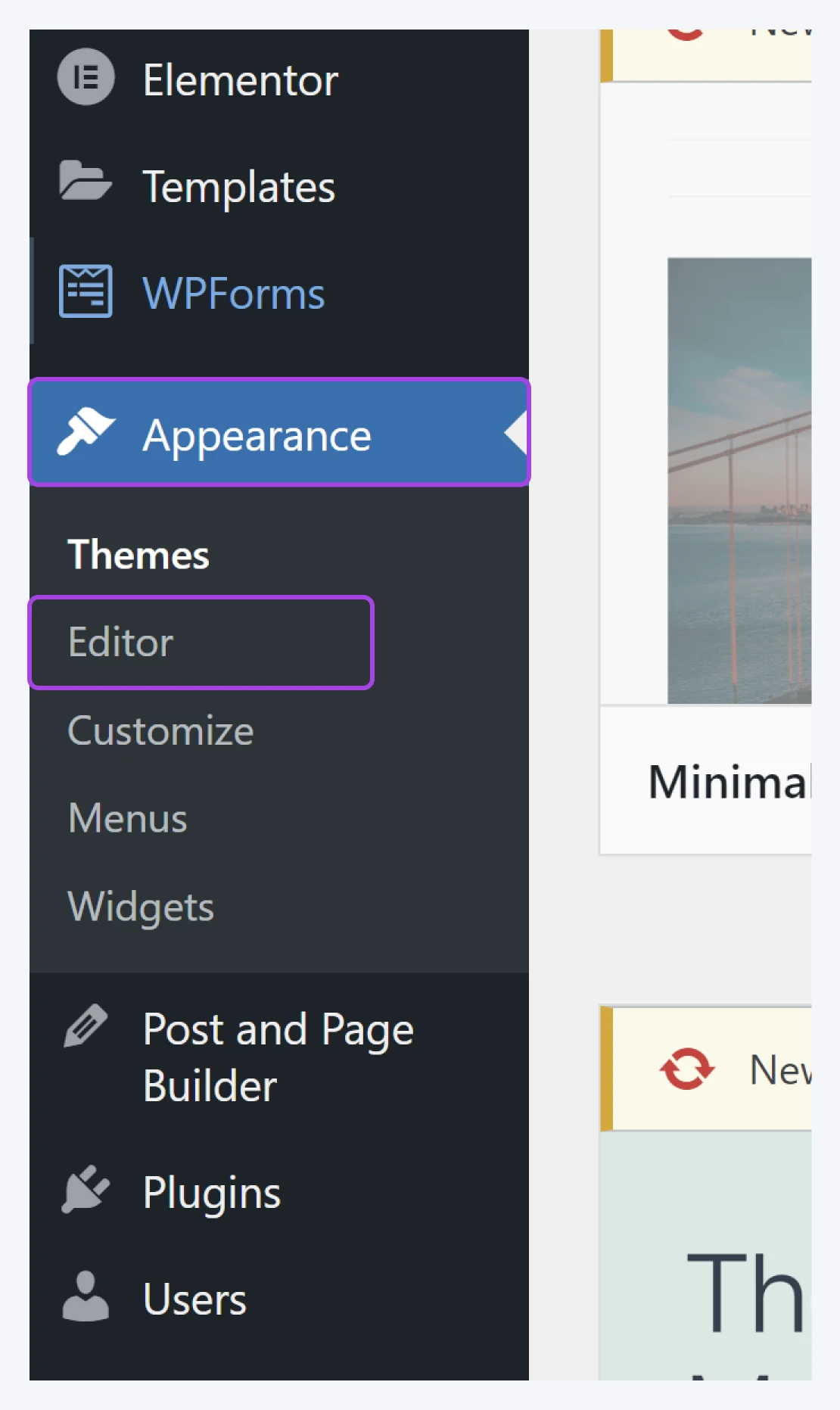 screenshot of the editor button under themes under appearance on the lefthand nav bar