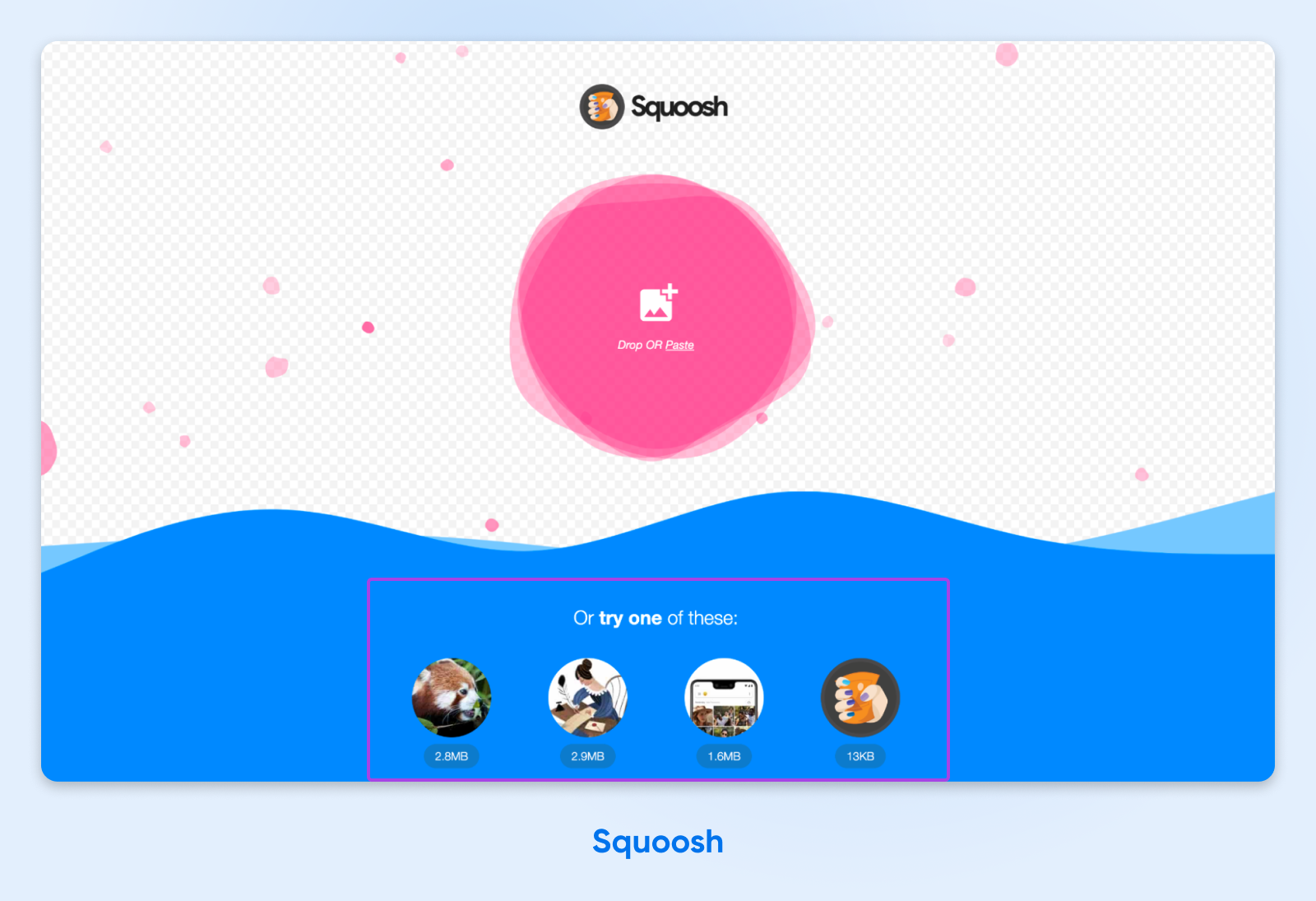 screenshot of Squoosh homepage displaying options to "drop or paste" or "try one of these" with four size options