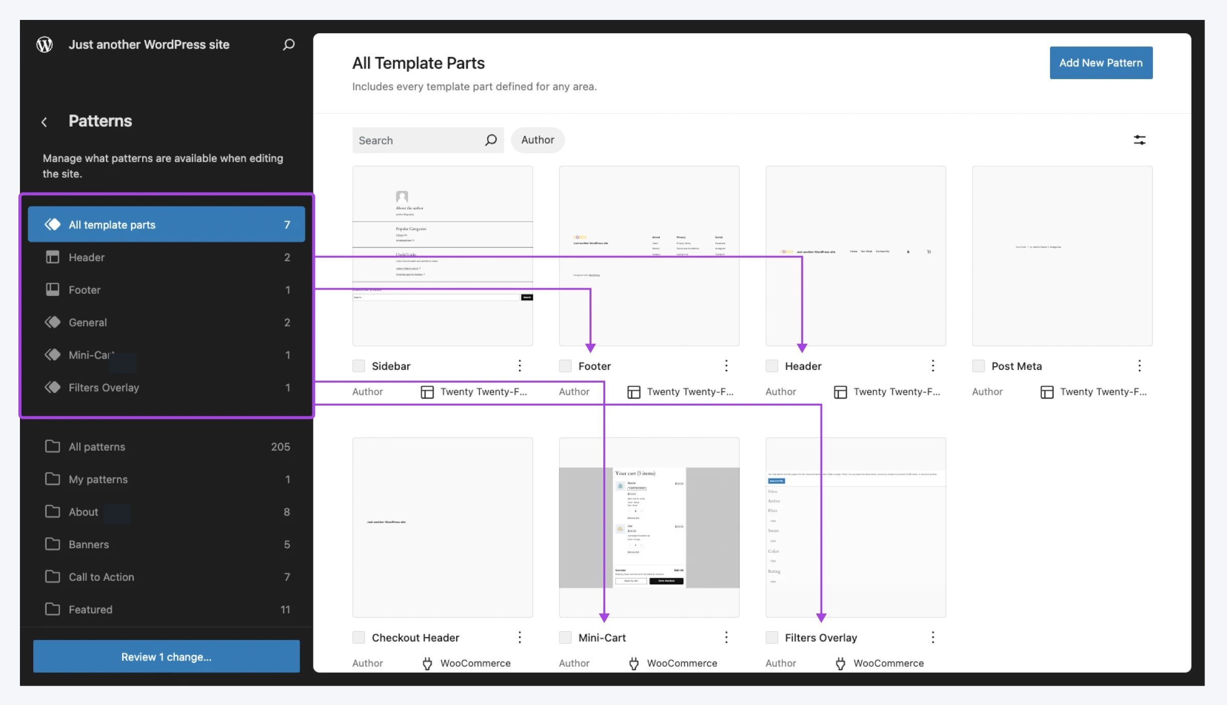 screenshot of the patterns nav showing the categorization of templates like footer, header, checkout header, and mini-cart