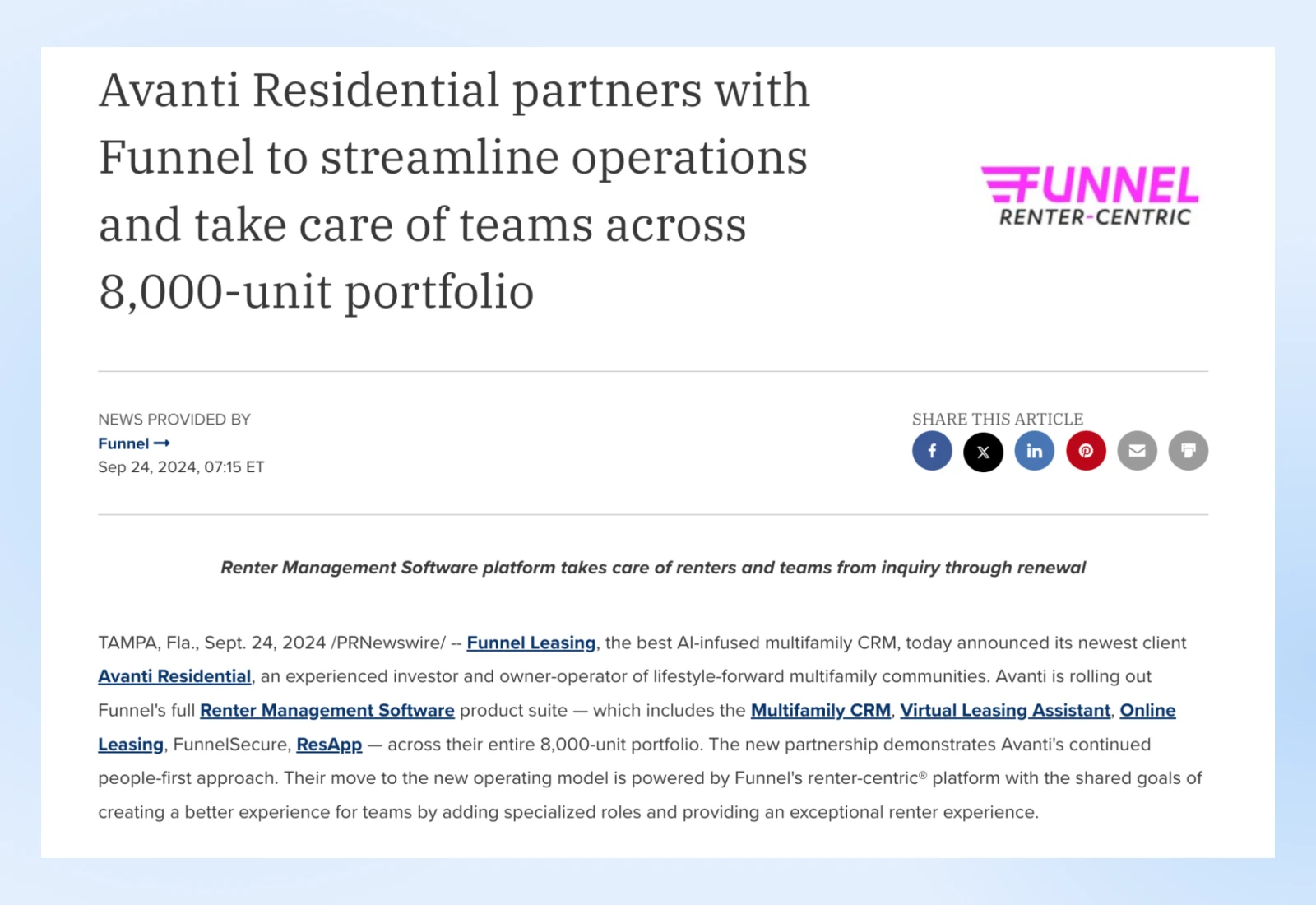 Screenshot of an Avanti Residential partners press release announcing their partnership with Funnel from Sept 2024