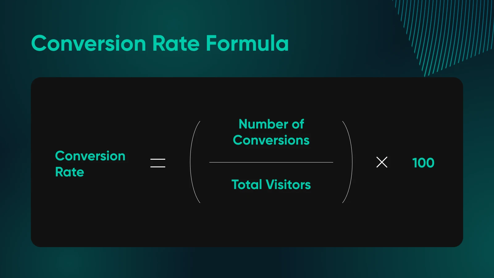 Conversion rate formula. CR equals the number of conversions divided by total visitors. All multiplied by 100 for the results. 