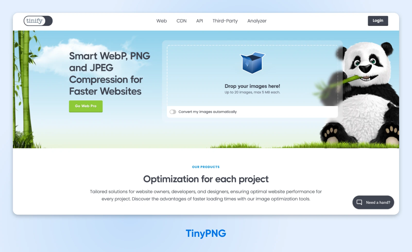 screenshot of TinyPNG homepage with heading, "Smart WebP, PNG, and JPEG Compression for Faster Websites."