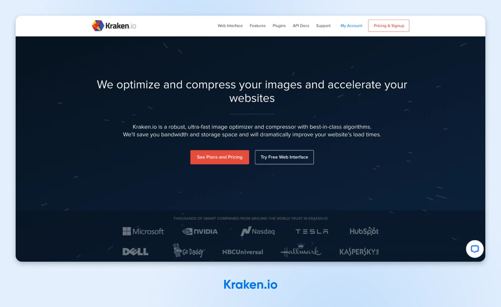 screenshot of Kraken.io homepage with heading "We optimize and compress your images and accelerate your websites" 