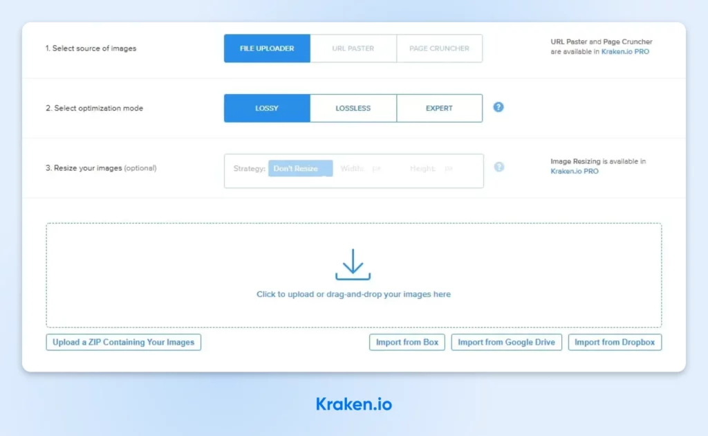 screenshot of Kraken.io upload options