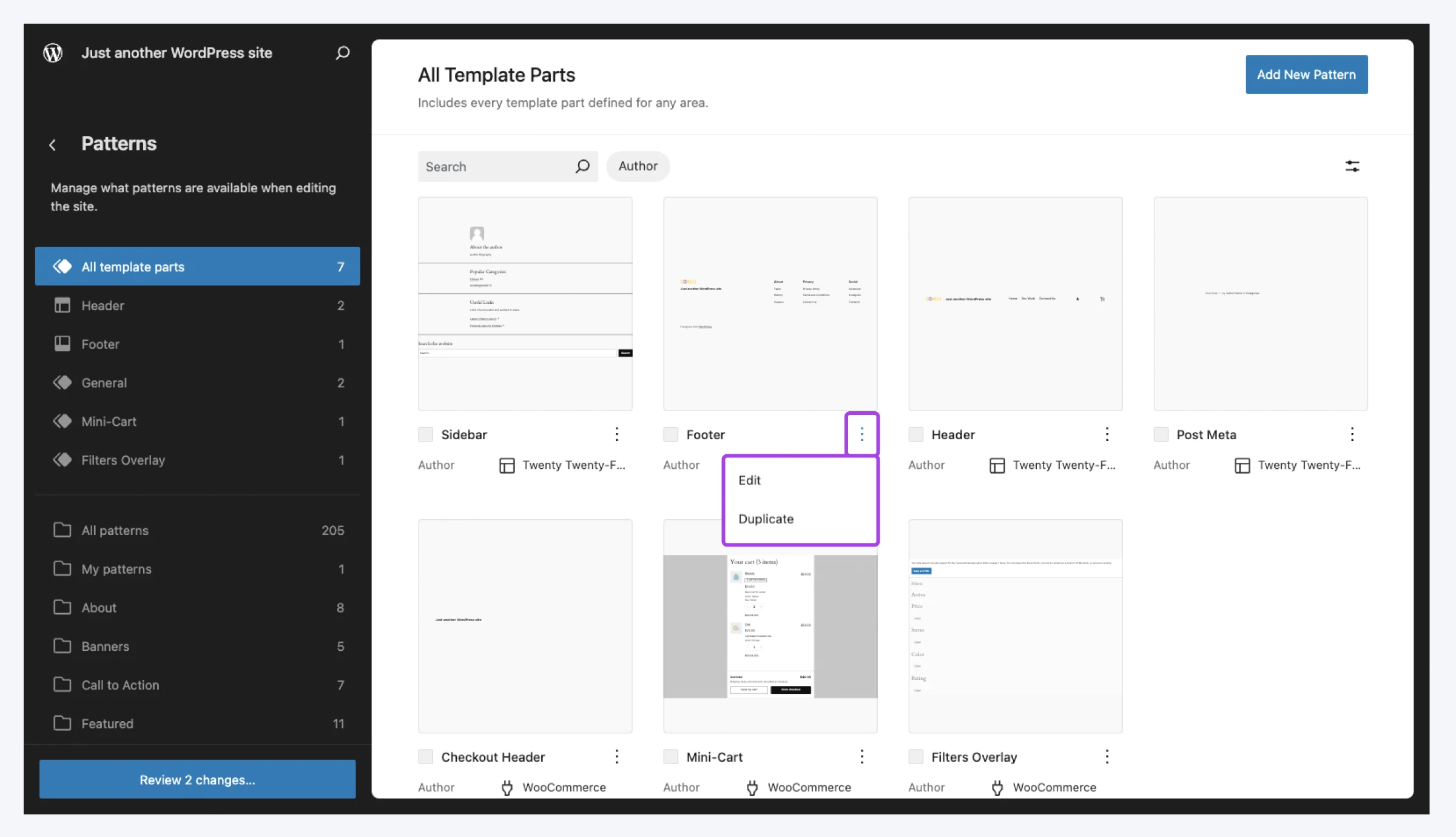 screenshot of the patterns categorical organization again showing the three dots under a template to click to find the edit and duplicate options 