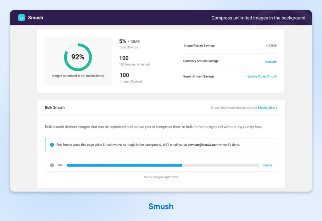 Captura de pantalla de Smush después de ejecutar una verificación de optimización que muestra el 92 % de las imágenes optimizadas en la biblioteca de imágenes