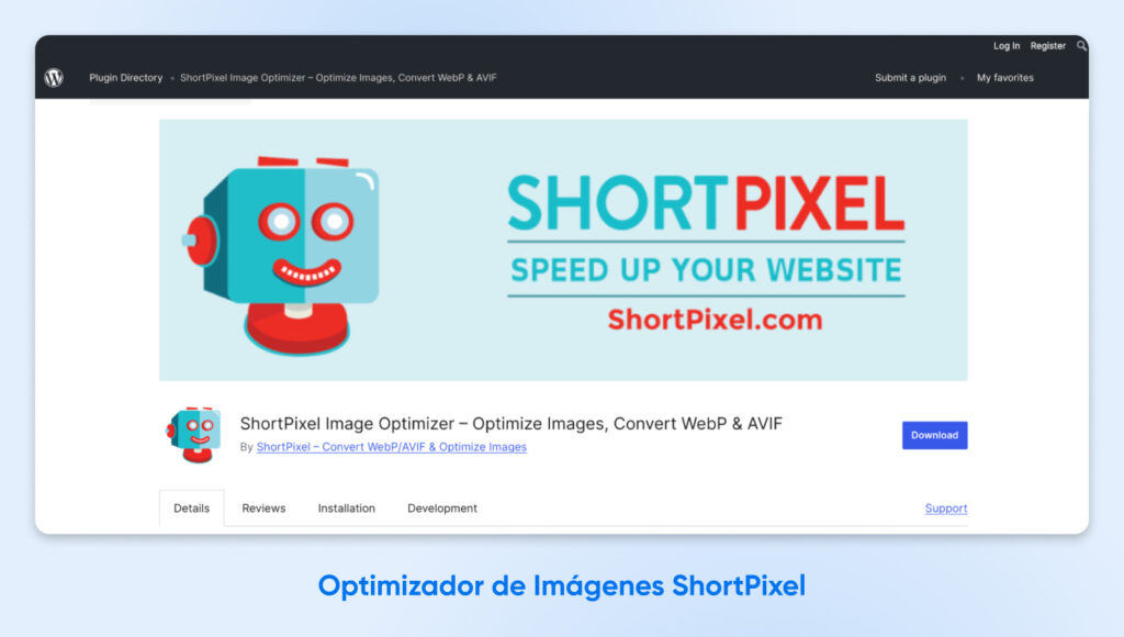 Captura de pantalla de la página de inicio de ShortPixel con el título "ShortPixel, acelera tu sitio web".