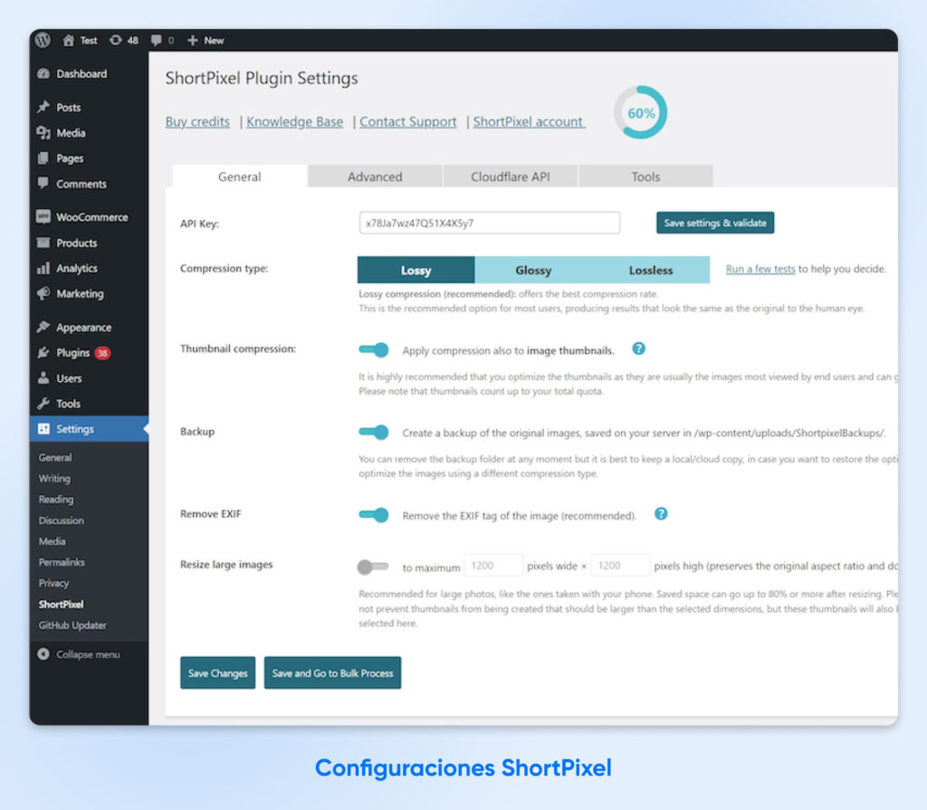 Captura de pantalla de la configuración del complemento ShortPixel en WordPress con la pestaña "general" seleccionada y tres botones disponibles para seleccionar el tipo de compresión