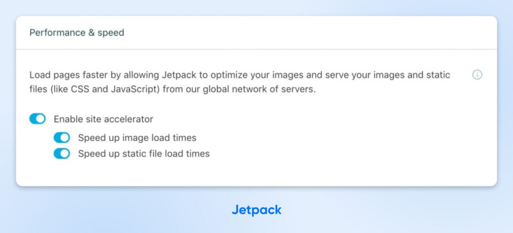 Captura de pantalla de las opciones de rendimiento y velocidad de Jetpack