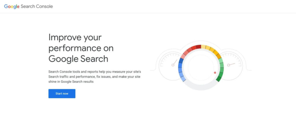 Captura de pantalla de la página "Comenzar ahora" de Google Console con encabezado Mejore su rendimiento en la Búsqueda de Google