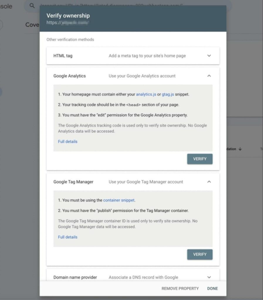 Captura de pantalla de la página de configuración "Verificar propiedad" con opciones de verificación que incluyen: etiqueta HTML, Google Analytics, Google Tag Manager y proveedor de nombre de dominio.