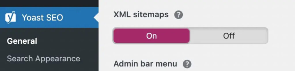 Primer plano de la misma página, pero me desplacé hacia abajo para encontrar "¿Mapas del sitio XLM?" con el interruptor "activado".