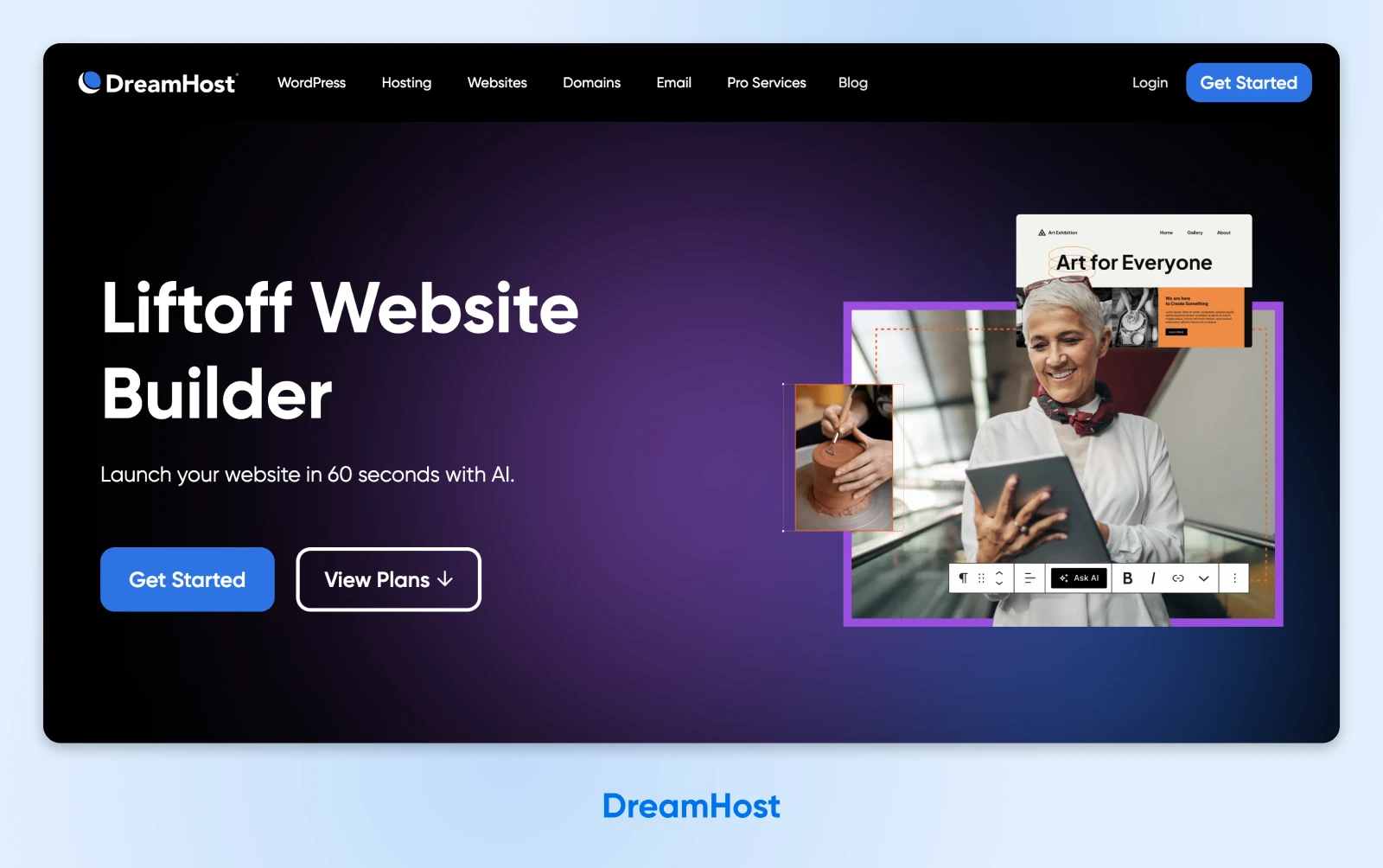 DreamHost Liftoff Website Builder landing page with a picture of a person on a tablet