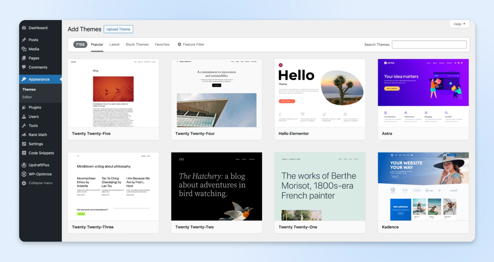 WordPress theme directory showing eight different blog themes including Twenty Twenty-Five, Hello Elementor, and Astra with previews of their homepage layouts