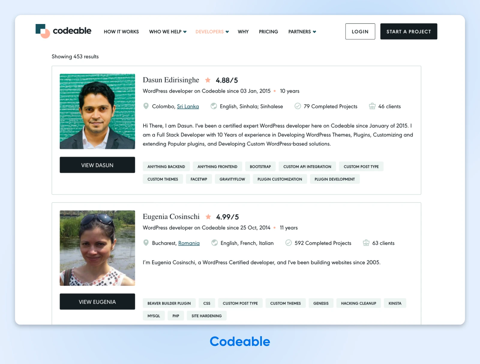 Developer profiles on Codeable platform showing two WordPress experts with their ratings, locations, and skills