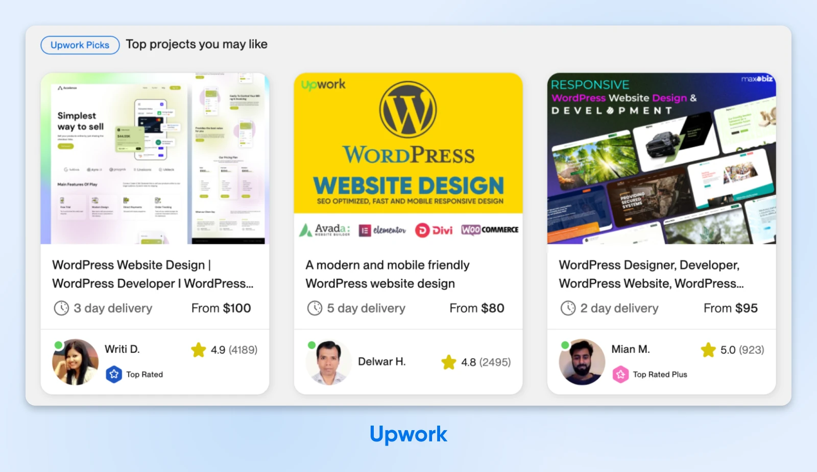 Upwork featured projects showing three WordPress developers offering design services, ranging $80-100 with 2-5 day delivery times