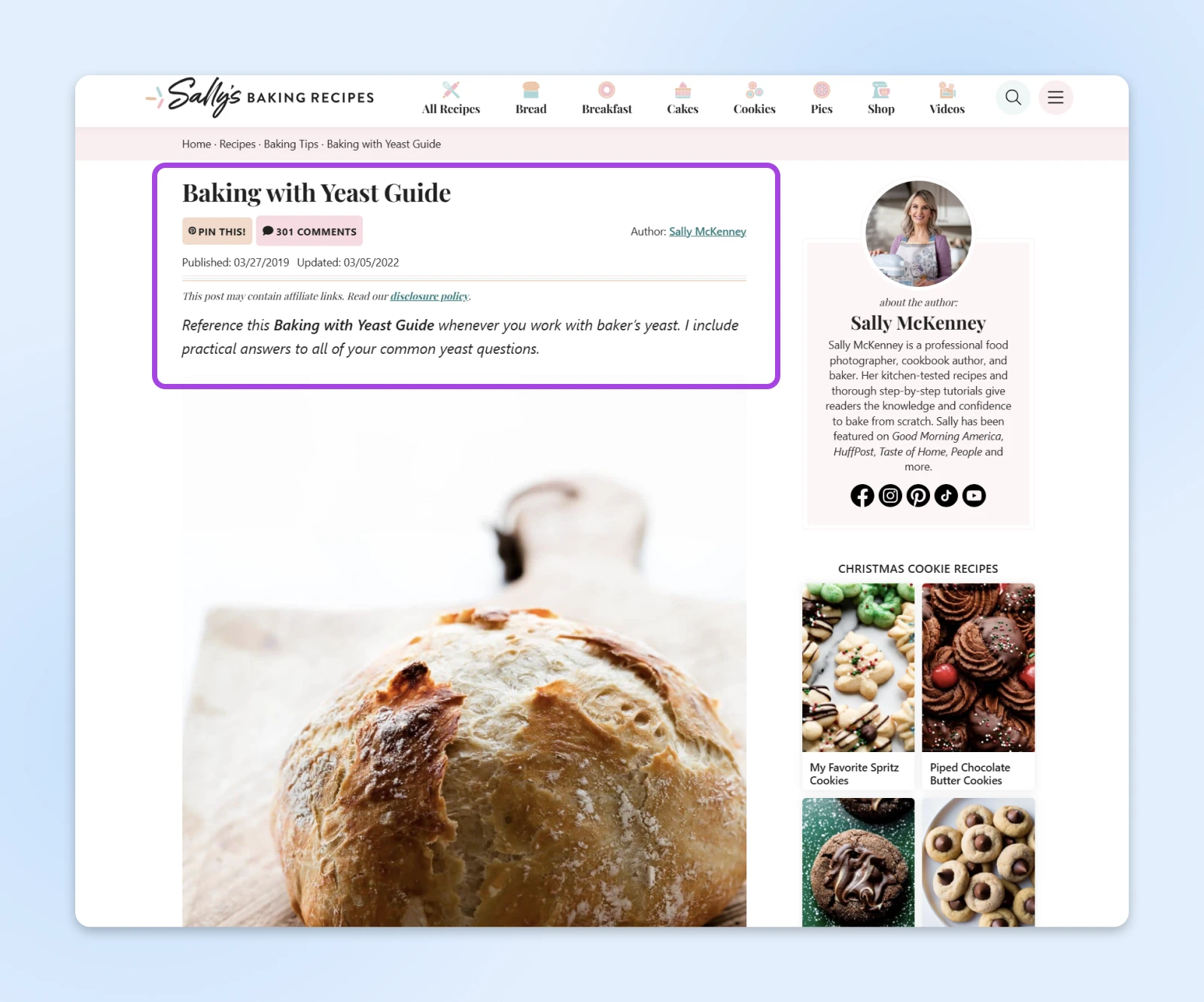 Blog post header for 'Baking with Yeast Guide' on Sally's Baking Recipes website, showing post date, comment count, and author information