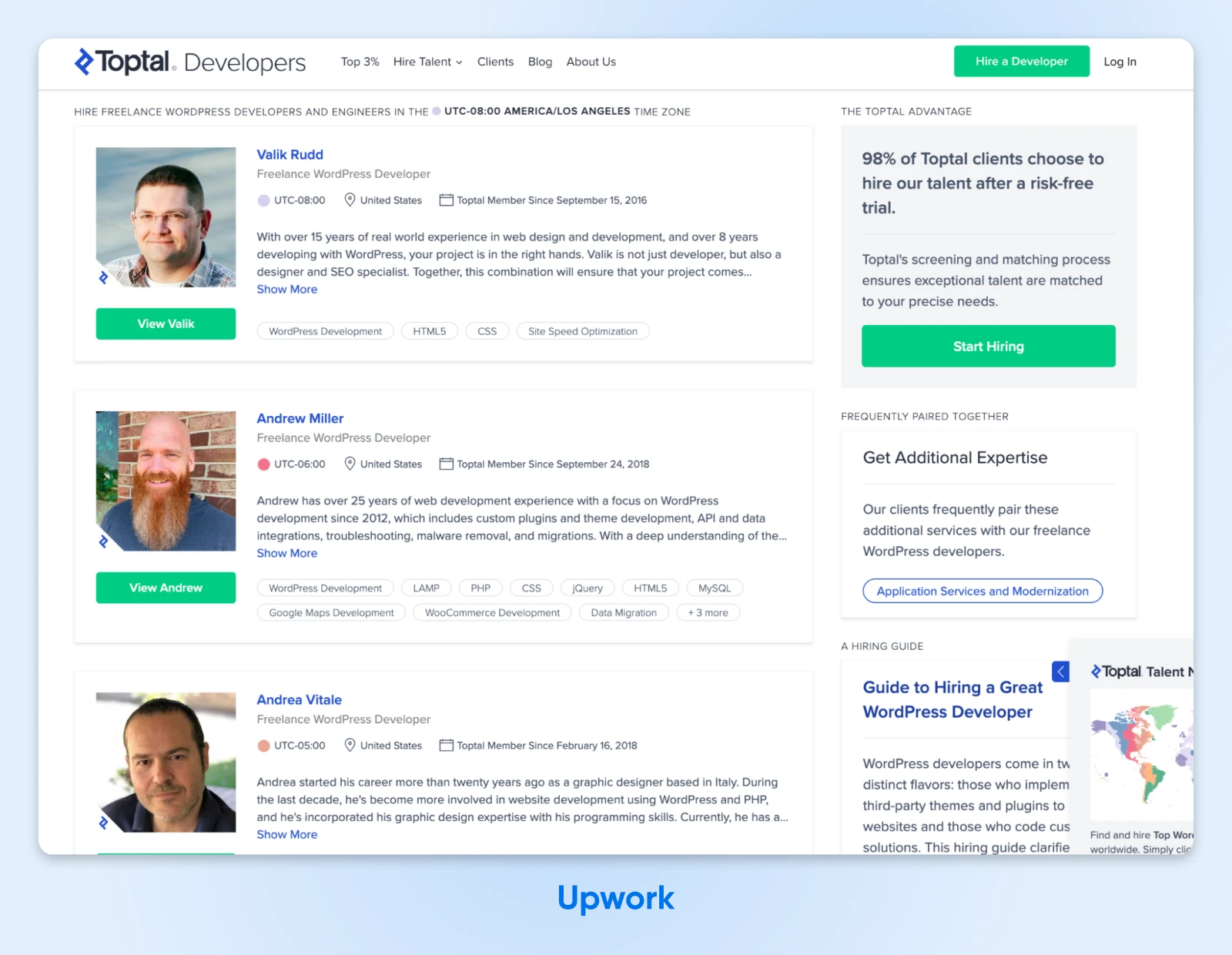 Toptal developer listing page showcasing three experienced WordPress freelancers with their skills and membership history
