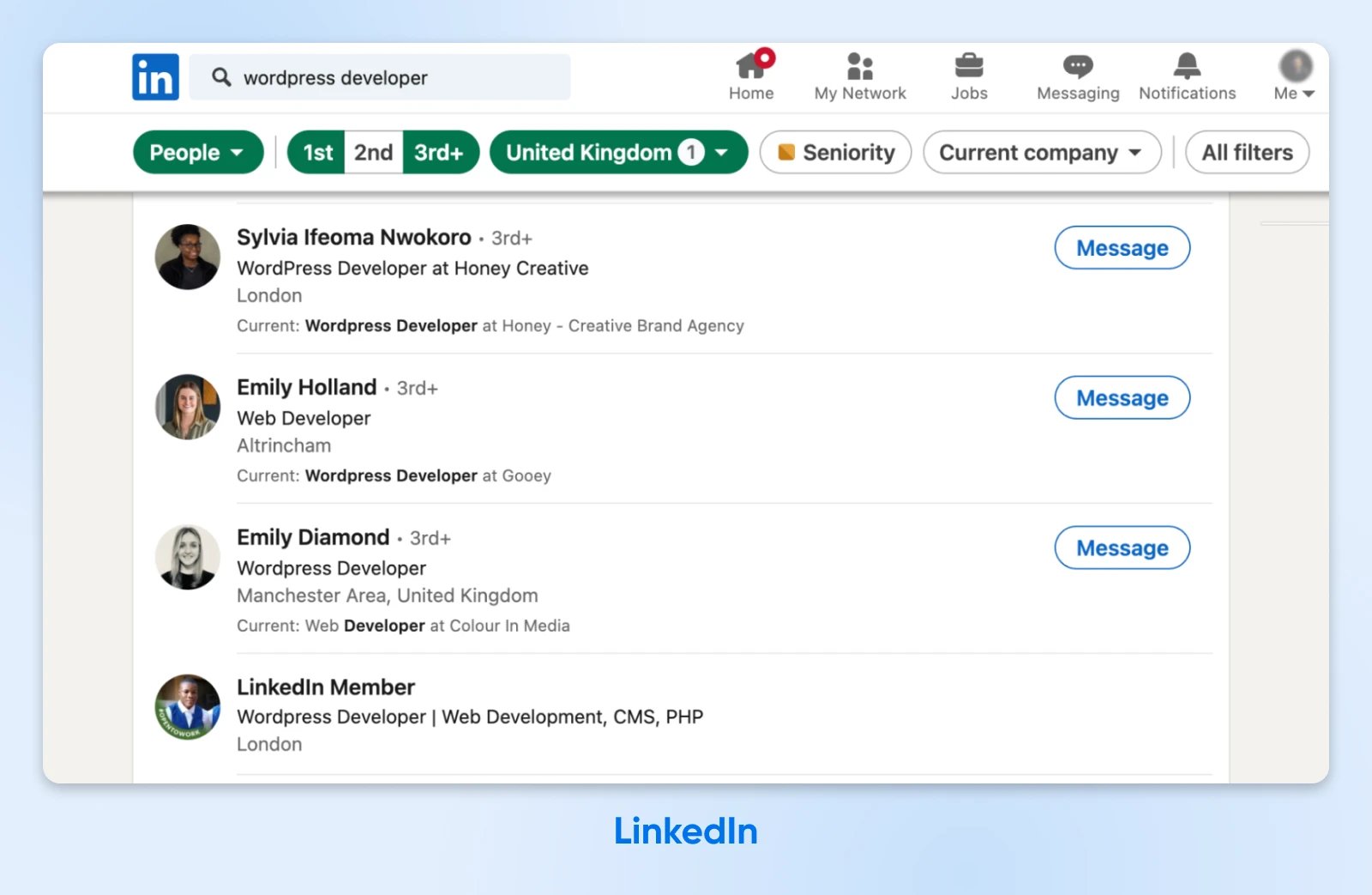 LinkedIn search results showing WordPress developers in the United Kingdom with their current roles and locations