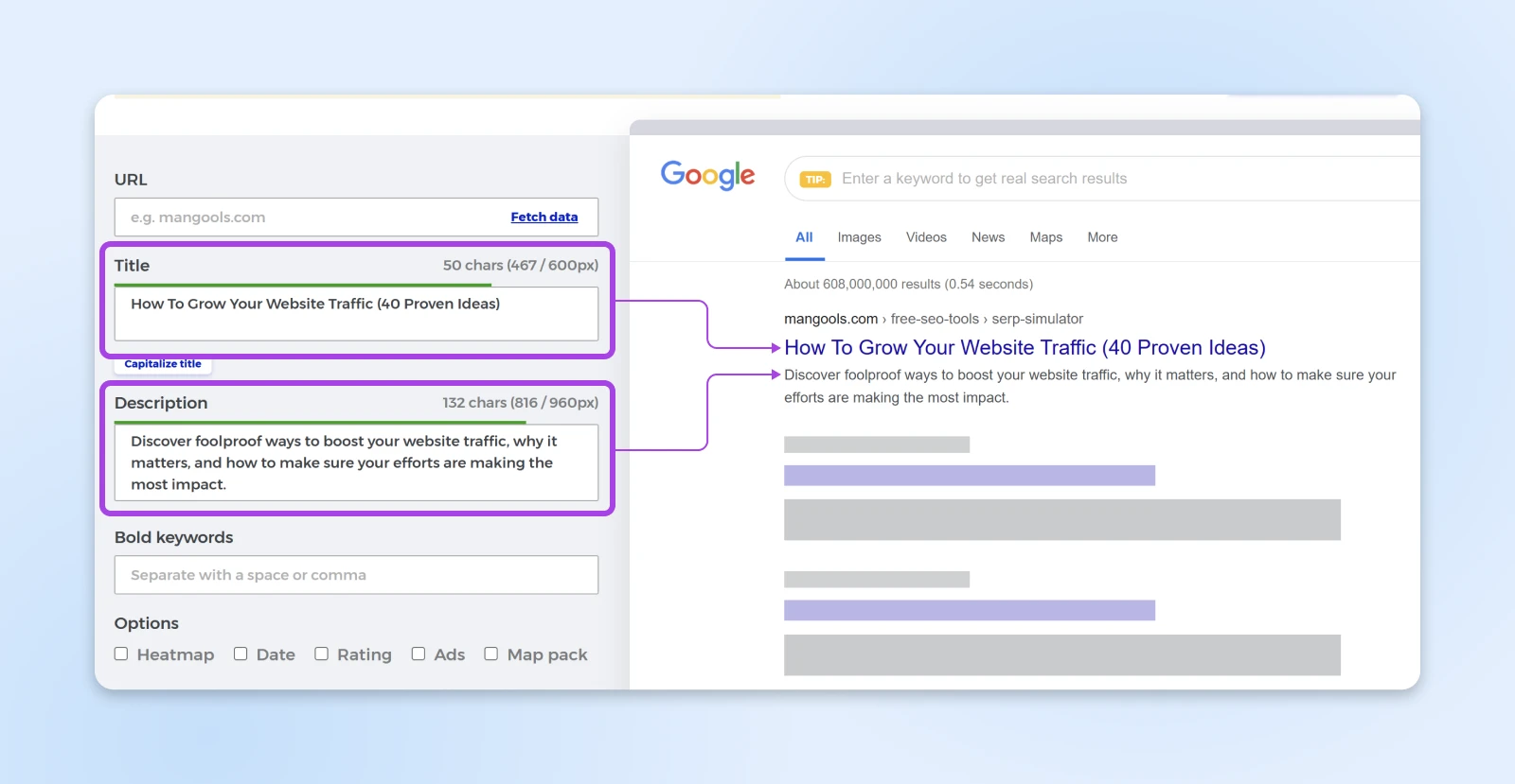 SERP simulator showing how a webpage title and meta description appear in Google search results, with character count indicators