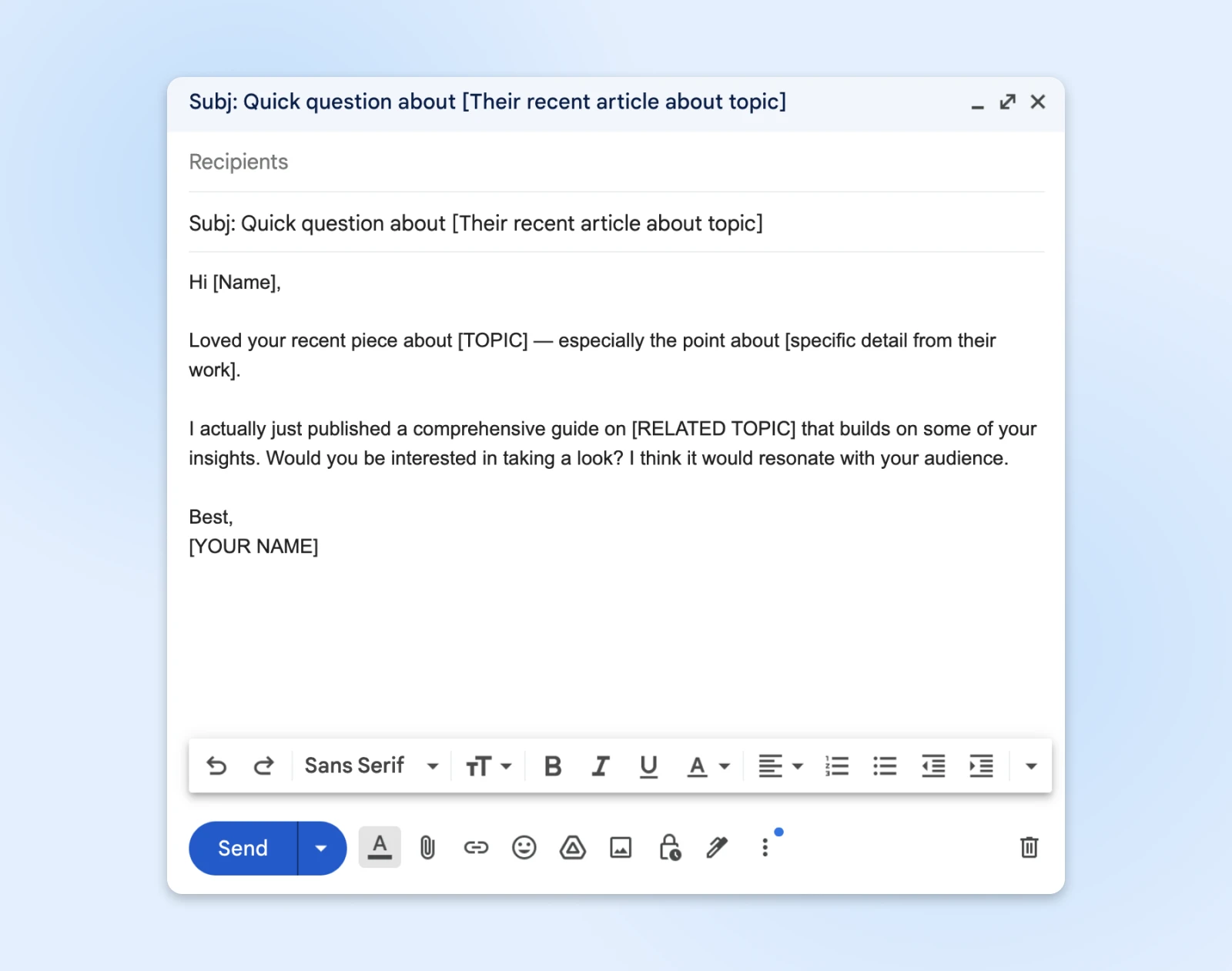 Email template showing outreach message format with placeholders for personalization and text formatting toolbar at bottom