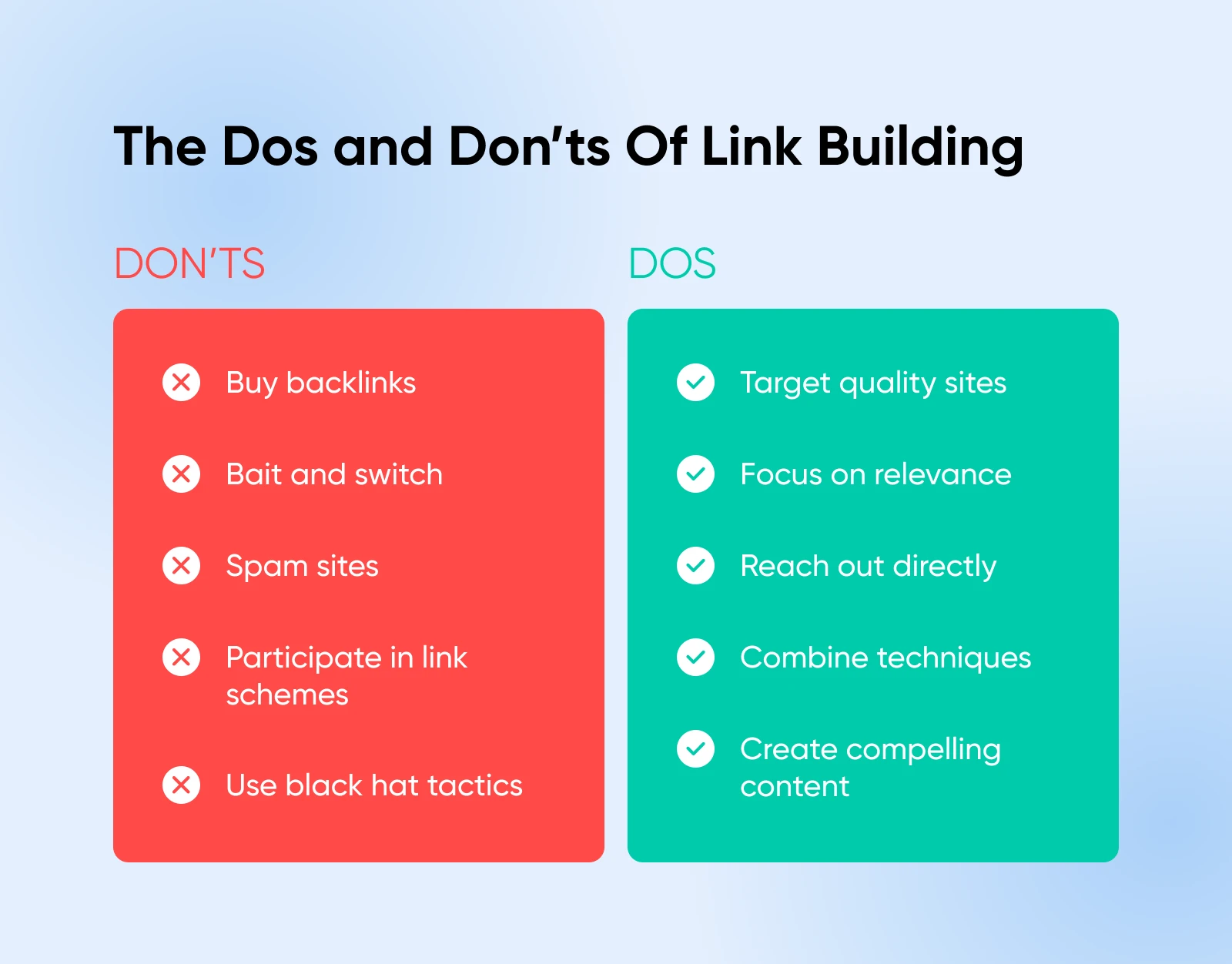 Two-column comparison chart showing link building best practices: red 'Don'ts' column lists 5 prohibited tactics while green 'Dos' column shows 5 recommended strategies