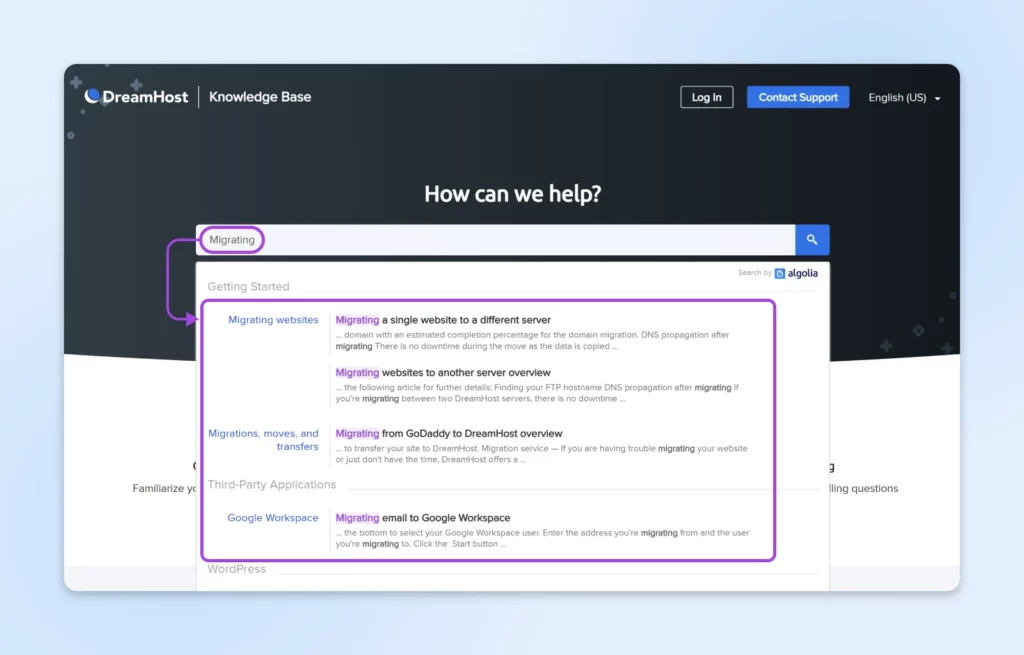 DreamHost knowledge base search results showing articles about migration, with topics ranging from website transfers to email migration