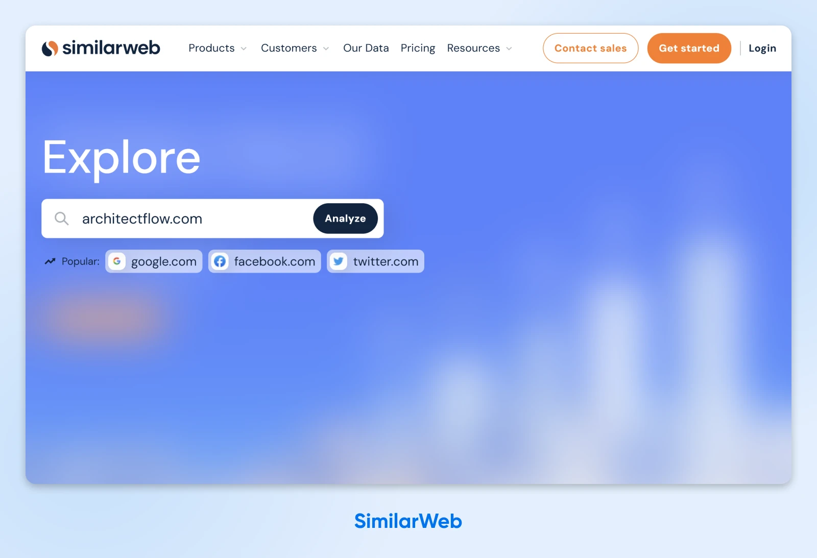 SimilarWeb search interface showing an explore box with architectflow.com and popular website shortcuts for Google, Facebook, and Twitter