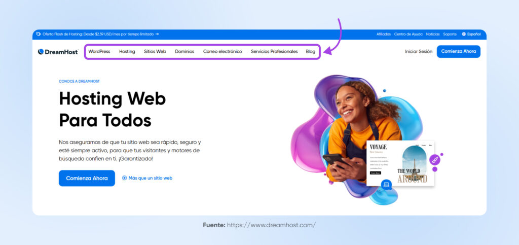 Captura de pantalla de la página de inicio de DreamHost destacando el menú de navegación en la parte superior que enumera "WordPress, Hosting, Sitios Web, Dominios, Correo Electrónico, Servicios Profesionales y Blog".