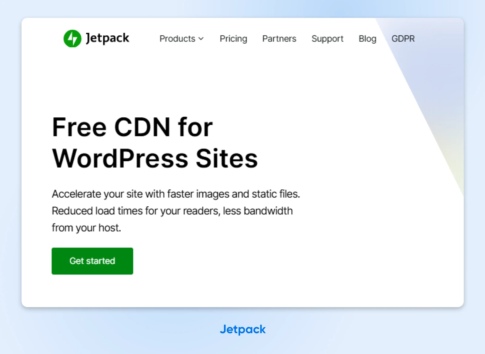 Jetpack landing page offering free CDN service for WordPress sites, with a green 'Get started' button and benefits description