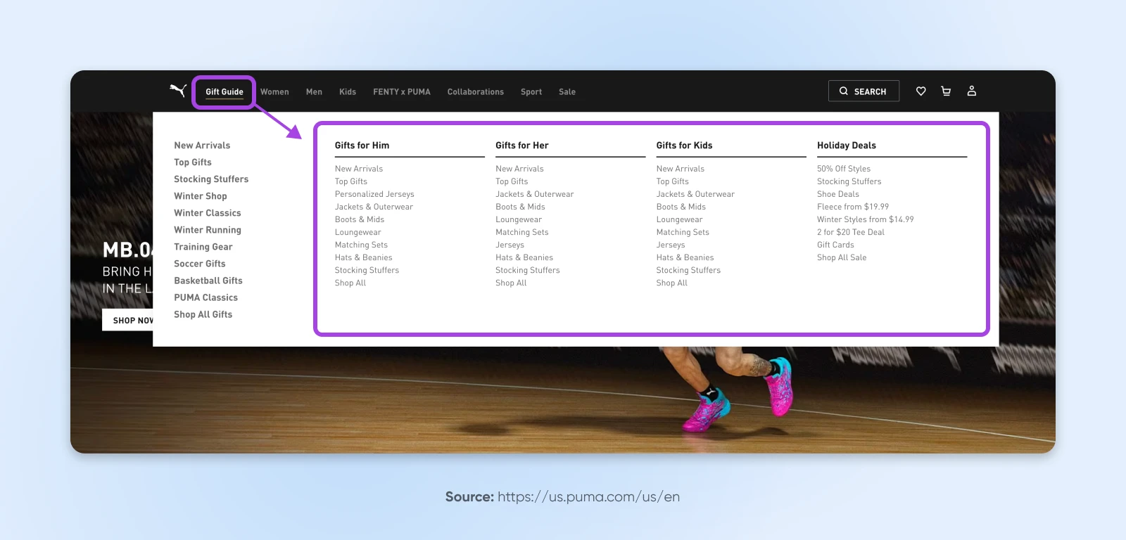 Screenshot of Puma's menu with "Gift Guide" selected showing the immense options in the drop-down nav categorized by "Gifts for Him, Gifts for Her, Gifts for Kids" and "Holiday Deals" 