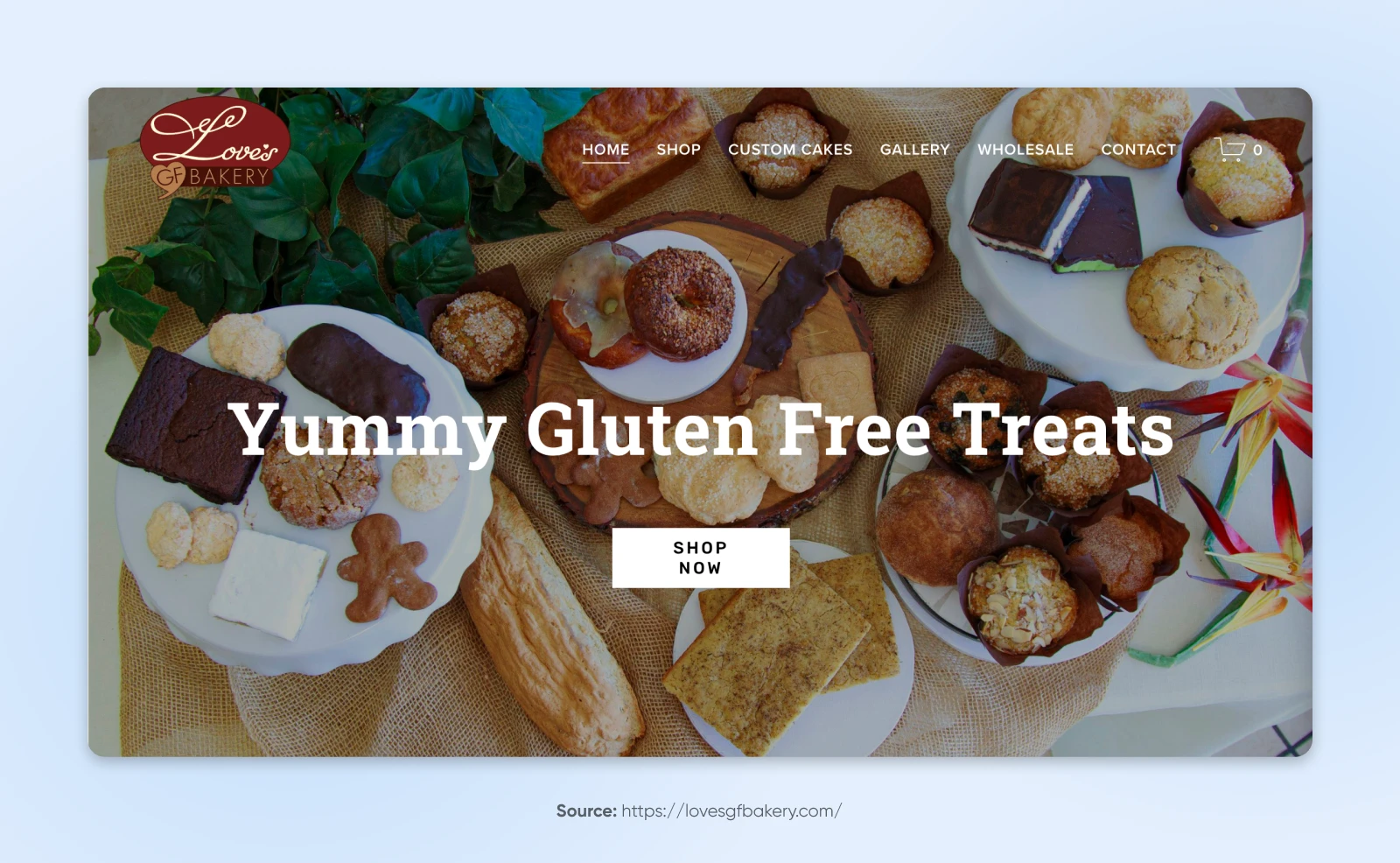 Love's Bakery homepage with a background of baked good and simple menu option like "shop, custom cakes, gallery, wholesale" and "contact" 