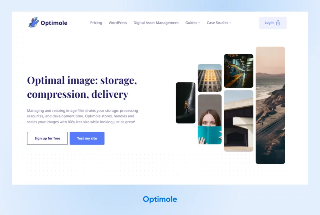 Optimole landing page showcasing image optimization with a collage of sample photos and two action buttons