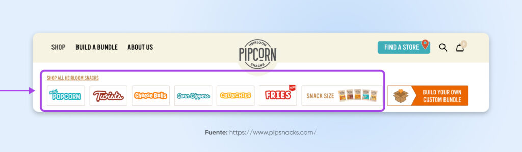 Menú de productos de Pipcorn justo debajo de un simple menú de navegación encabezado, con las marcas categorizadas y estilizadas en logotipos de marca como "Mini Palomitas, Twists, Bolas de Queso" y más.