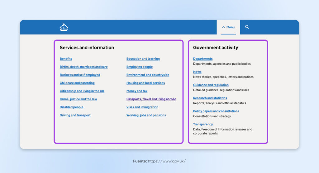  Menú encabezado de gov.uk, simple, que dice "menú", al hacer clic muestra el desplegable con varios enlaces bajo "Servicios e información" y "Actividad gubernamental".