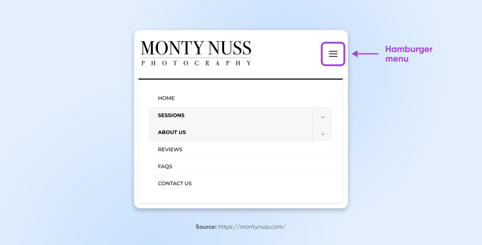 Monty Muss Photography webpage bringing attention to the sleek and minimalism of the hamburger menu in the upper right-hand corner. 