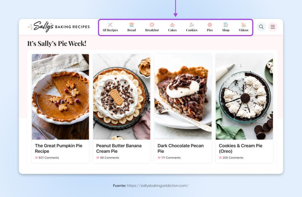  Menú de Sally's Baking Recipes categorizado con iconografía pastel/aireada como "Pan, desayuno, pasteles, galletas, tartas, tienda y videos".