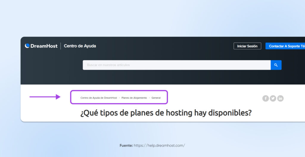 Menú de DreamHost en la parte superior de la base de conocimientos, mostrando un menú de migas de pan que indica cómo llegamos aquí. En este caso, DreamHost Base de Conocimientos > Planes de Hosting > General.