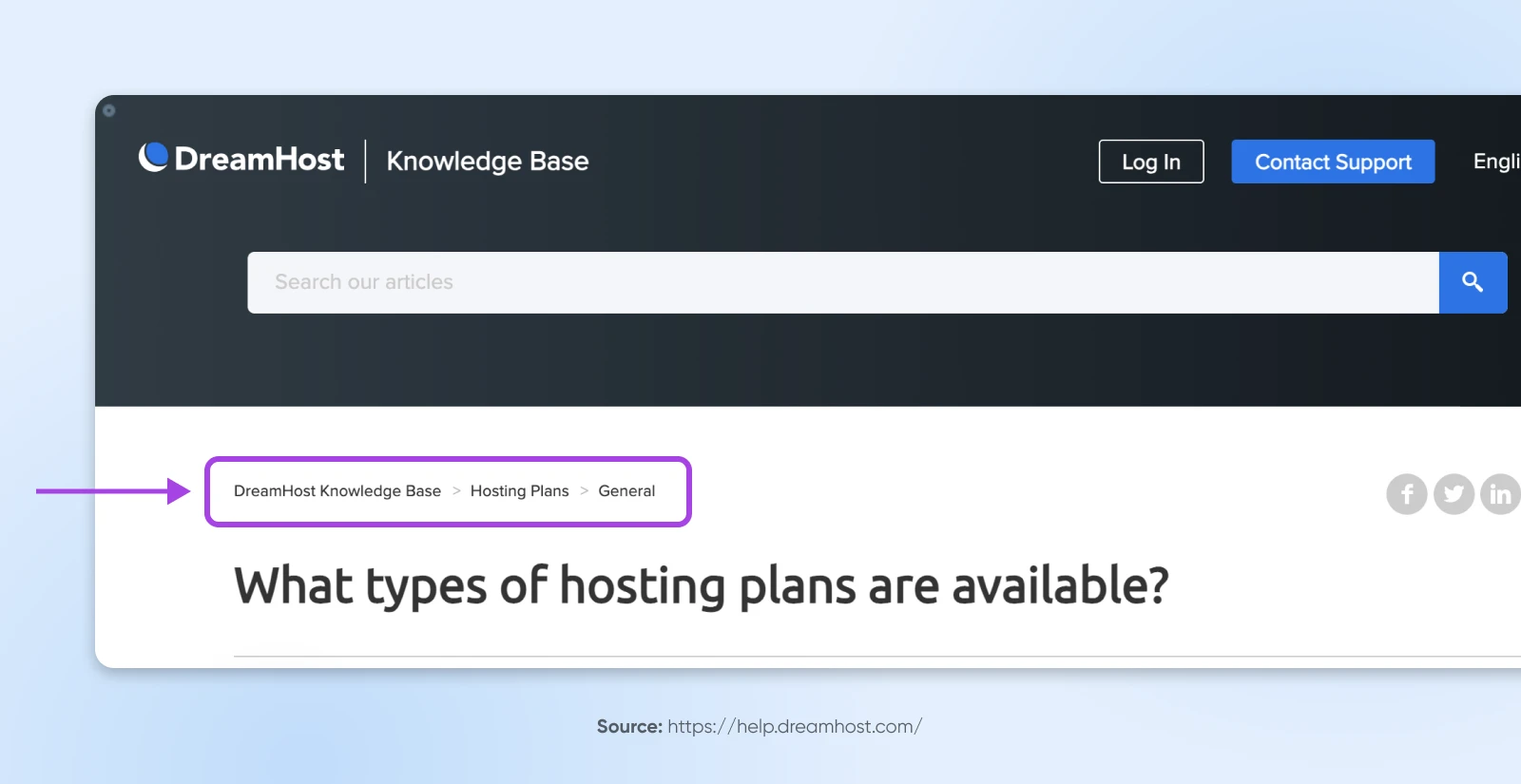 DreamHost menu right at the top of the Knowledge base displaying a breadcrumb menu showing how we got here. In this case DreamHost Knowledge Base > Hosting Plans > General