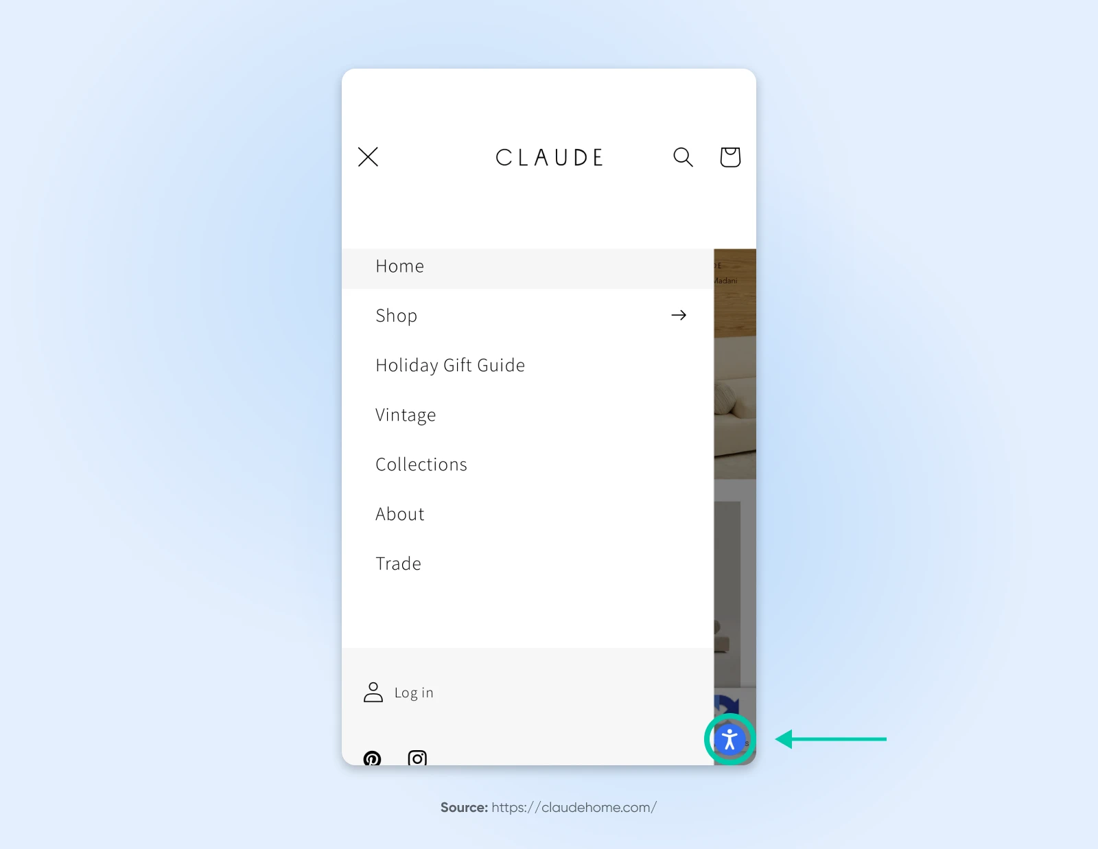 Claude Home's menu drop-down with several options like "Shop" and "Vintage" bringing special attention to the blue circle with a while person icon indicating accessiBe.