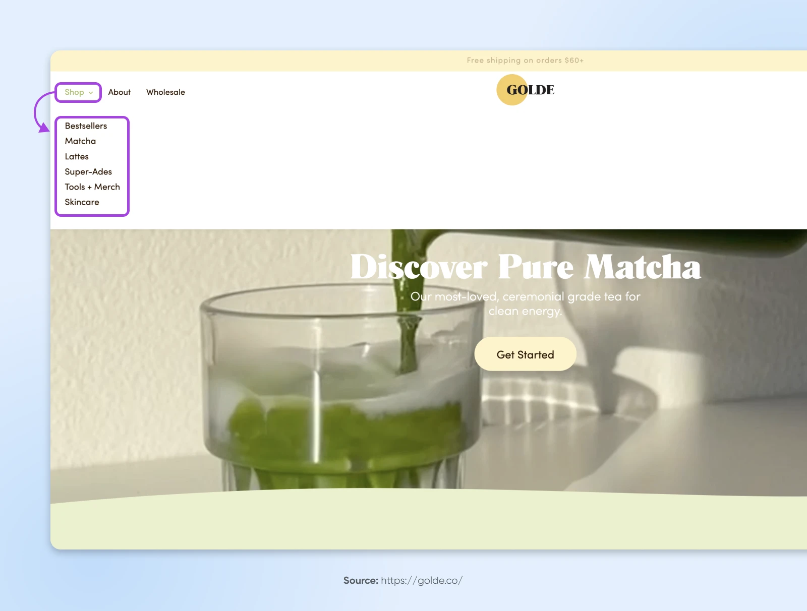 Golde's header menu displaying only three options with "Shop" selected to show the drop-down menu of "Bestsellers, matcha, lattes, super-ades, tools + merch" and "skincare" 