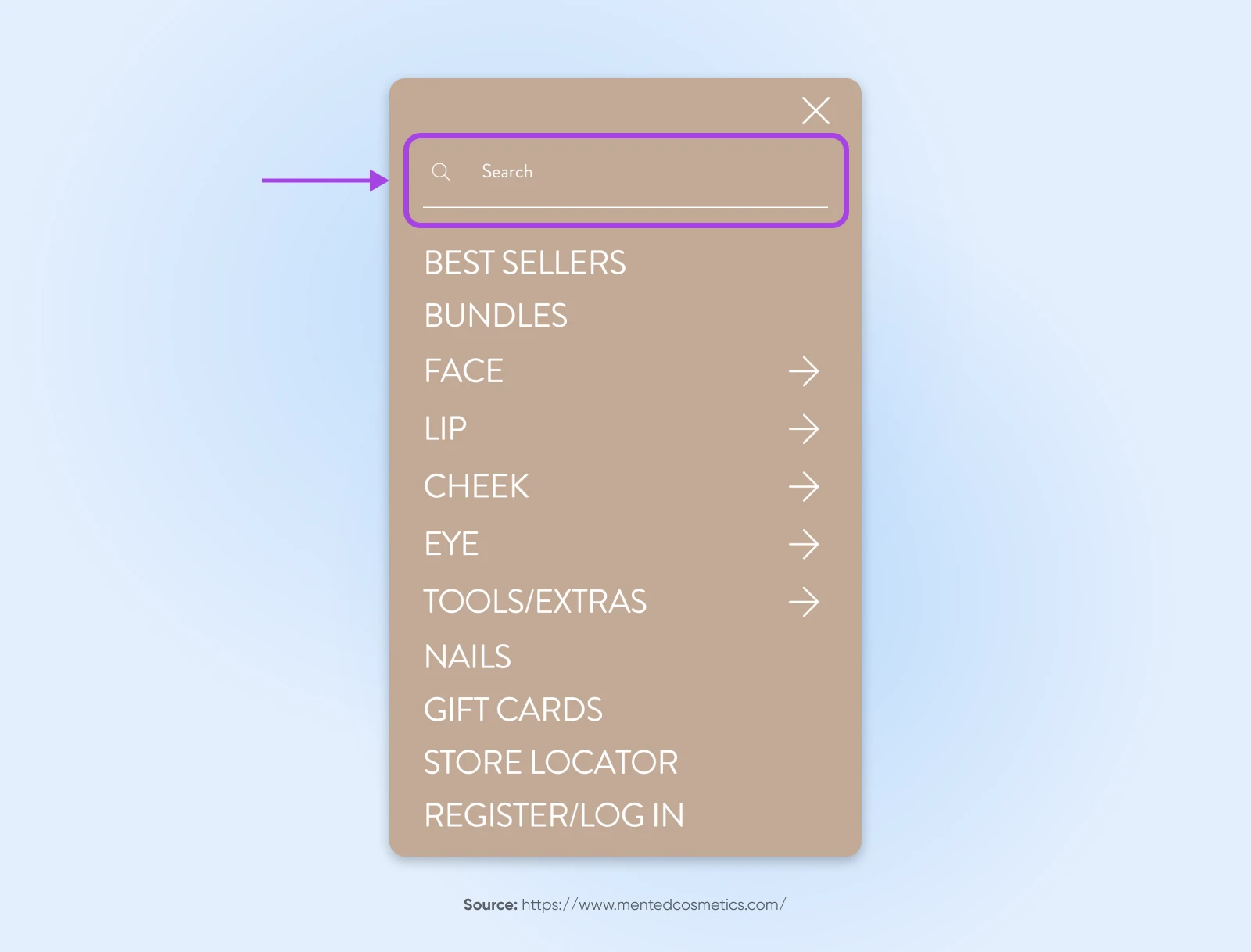 Brown nav menu with "Search" option at the top and other menu options like "Best Sellers, bundles, face, lip, cheek" and more underneath