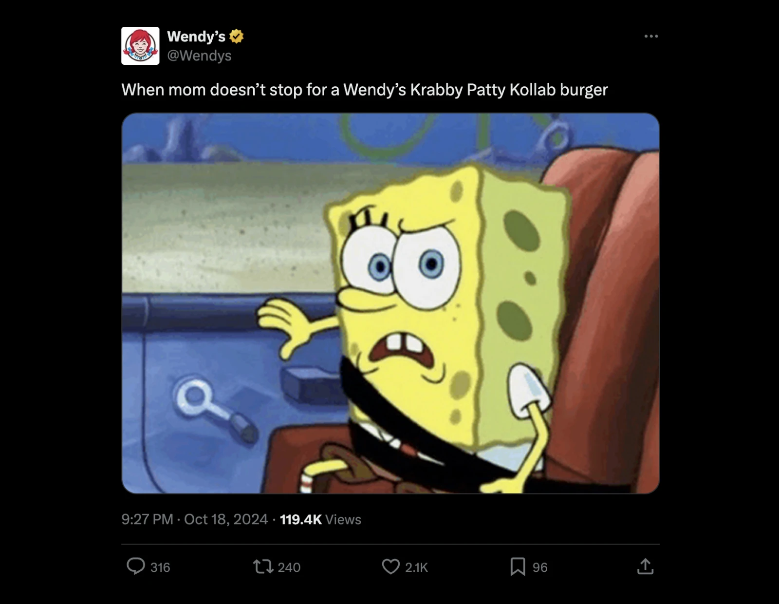 Twitter post from Wendy's "when mom doesn't stop for a Wendy's Krabby Patty Kollab burder" with an image of Spongebob Squarepants with a raised eyebrow