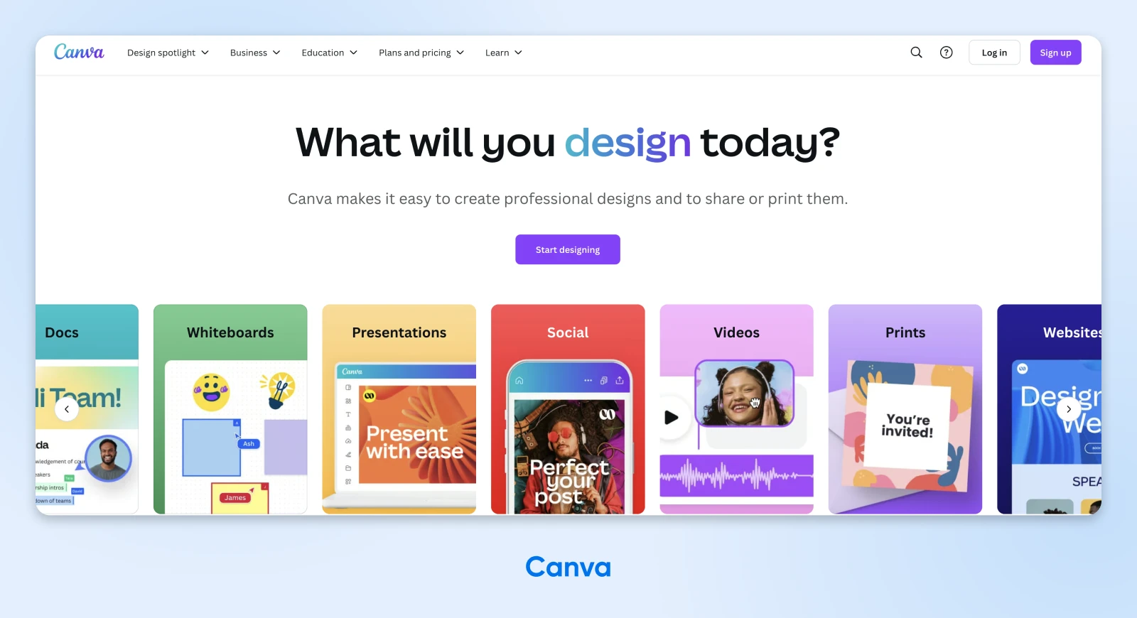 Canva homepage with header "What will you design today?" 