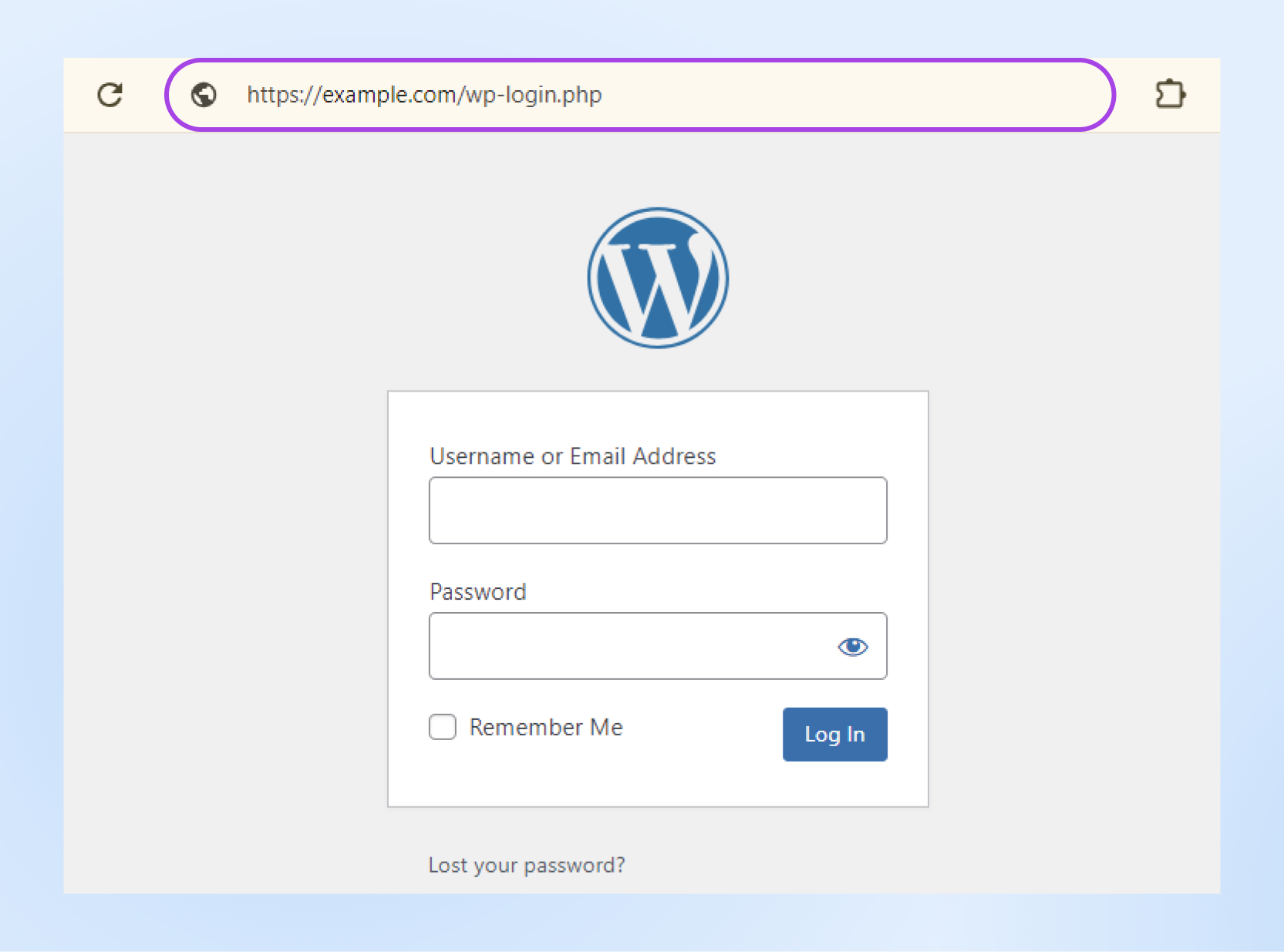 Screenshot of the WordPress admin login page highlighting the URL: https://example.com/wp-login-php