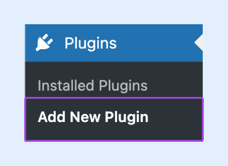 Closeup screenshot of the "Add New Plugin" option under "Plugins" on the left-hand WP menu. 