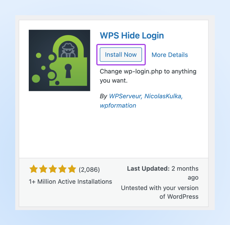 Screenshot of the WPS Hide Login plugin with a box around the "Install Now" button immediately under the plugin title 